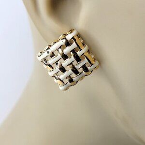 Braided White and Gold Square Earrings